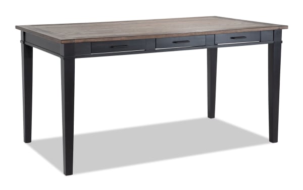Montana Black & Brown Storage Dining Table with six black drawers, rustic rubberwood, oak veneer top, and sturdy tapered legs.