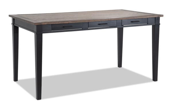 Montana Black & Brown Counter Height Storage Dining Table with rustic rubberwood, oak veneer top, and six black storage drawers for dining organization.
