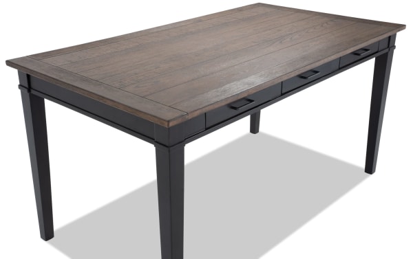 Montana Black & Brown Counter Height Storage Dining Table with rustic rubberwood, MDF, plywood, oak veneer top, and six black storage drawers.