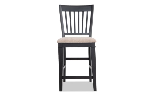 Montana Beige & Black Slat Back Upholstered Counter Height Stool with beige polyester fabric seat, black wood frame, rustic style, memory foam cushion