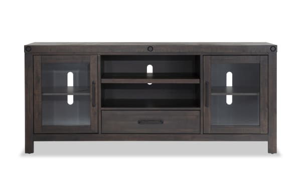 Sonoma 60'' Espresso rustic TV stand with MDF, acacia veneer, glass doors, cord management, open shelves, and center drawer for storage.