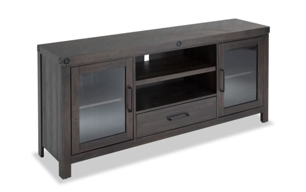 Sonoma 60'' Espresso rustic TV stand with MDF, acacia veneers, glass doors, two cabinets, open shelf, and center drawer for storage.