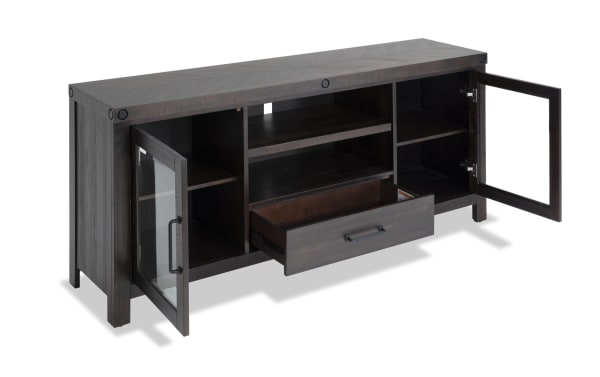 Sonoma 60'' espresso rustic TV stand with acacia veneer, glass doors, open shelf, and central drawer for organized media storage.
