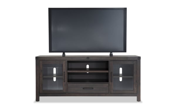 Sonoma 60'' Espresso rustic TV stand with MDF, acacia veneers, glass doors, two shelves, center drawer, and cord management openings.