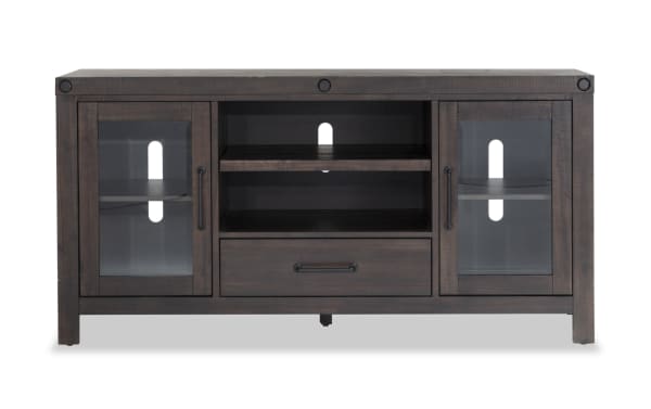 Sonoma 70'' Espresso Rustic TV Stand with MDF, Acacia Veneers, and Glass; features two glass cabinets, open shelves, and a center drawer for organized storage.
