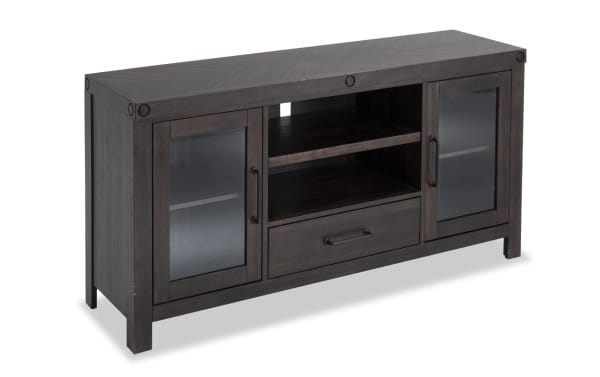 Sonoma 70'' Espresso Rustic TV Stand with MDF, Acacia Veneers, and Glass. Features two glass cabinets, open shelves, and central drawer for organized media storage.