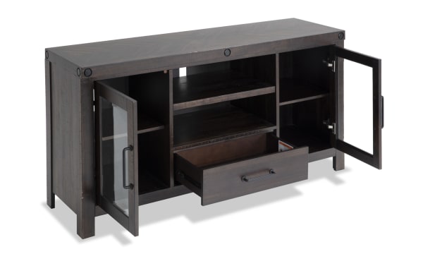 Sonoma 70'' Espresso Rustic TV Stand with MDF, Acacia veneers, glass doors, two cabinets, open shelves, and center storage drawer.