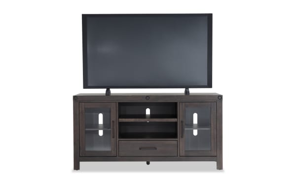 Sonoma 70'' Espresso Rustic TV Stand with MDF, acacia veneers, and glass. Features two glass doors, open shelf, center drawer, and cord management.