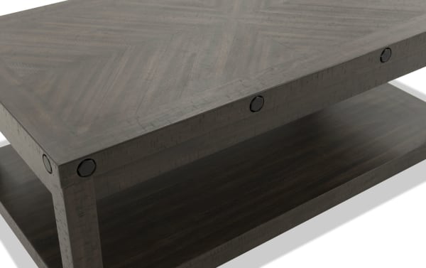 Rustic Sonoma Espresso Lift-Top Storage Coffee Table in deep espresso acacia veneers with black metal accents and lower shelf for storage.
