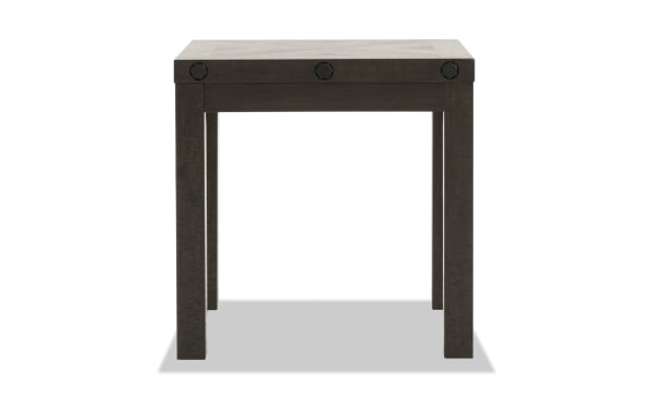 Sonoma Espresso End Table from Sonoma Occasional collection, rustic style with distressed acacia veneers, wood legs, black metal accents, deep espresso finish.