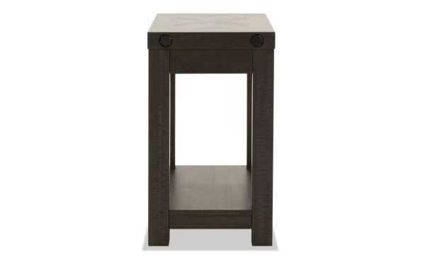 Sonoma Espresso Chairside Table with rustic acacia veneers, deep espresso finish, black metal accents, open shelf, and power/USB ports.