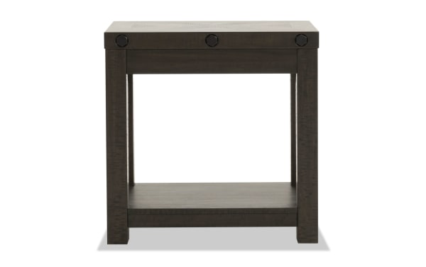 Sonoma Espresso Chairside Table in rustic style with distressed acacia veneers, deep espresso finish, black metal accents, and lower shelf.