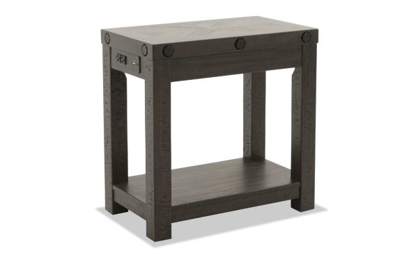 Sonoma Espresso Chairside Table in rustic style with acacia veneers, distressed wood, black metal accents, deep espresso finish, USB and power outlets.