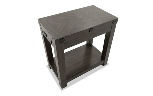 Rustic Sonoma Espresso Chairside Table with acacia veneer wood, deep espresso finish, black metal accents, lower shelf, and built-in power outlets.