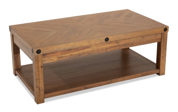 Rustic Sonoma Natural Lift-Top Storage Coffee Table with acacia veneer, distressed wood finish, black metal accents, and lower shelf for storage.