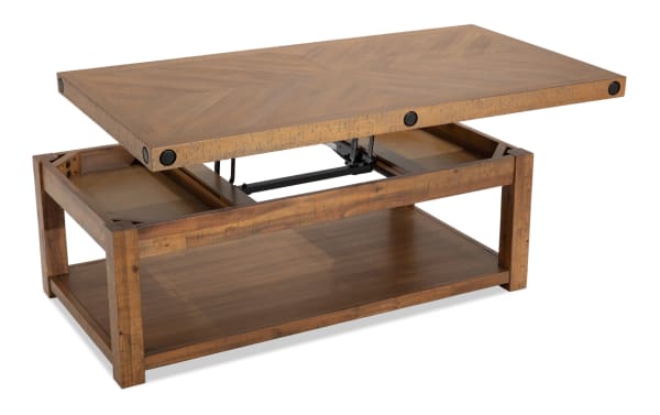 Rustic Sonoma Natural Lift-Top Storage Coffee Table in natural acacia veneer with distressed wood, black metal lift mechanism, and lower shelf for storage.