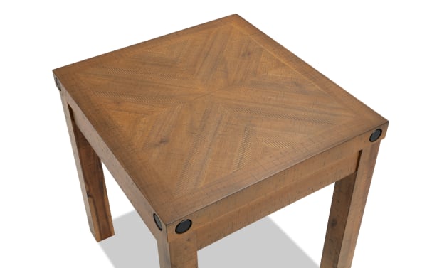Sonoma Natural End Table from Sonoma Occasional collection, rustic style acacia veneer with distressed wood, natural finish, and black metal corner accents.