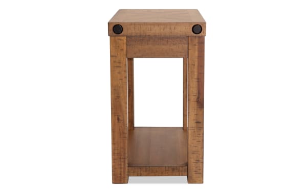 Rustic Sonoma Natural Chairside Table with acacia veneer, distressed wood finish, black metal accents, and lower shelf for living room convenience