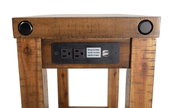 Rustic Sonoma Natural Chairside Table from Sonoma Occasional Collection with acacia veneer, natural finish, black metal power outlets, and USB ports.