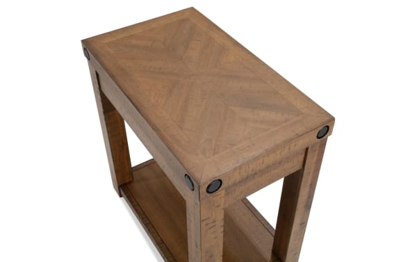 Rustic Sonoma Natural Chairside Table from Sonoma Occasional Collection, featuring acacia veneers, distressed wood, black metal accents, and lower shelf.