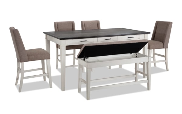 Montana 6 Piece Rustic Counter Height Dining Set in beige fabric with rubberwood, oak veneer table, six storage drawers, and a storage bench with memory foam upholstery.