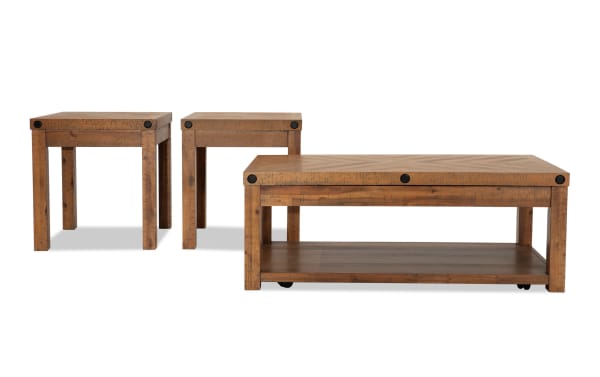 Rustic Sonoma Natural Lift-Top Storage Coffee Table with Acacia Veneers and black metal accents, plus two matching end tables from Sonoma Occasional collection