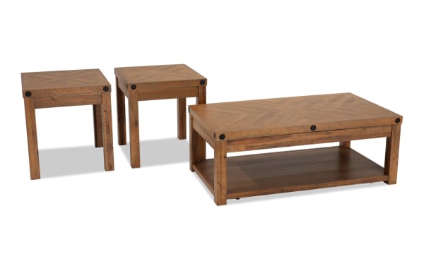 Rustic Sonoma Natural Lift-Top Storage Coffee Table and 2 End Tables set in acacia veneers with distressed wood, black metal accents, and natural finish.