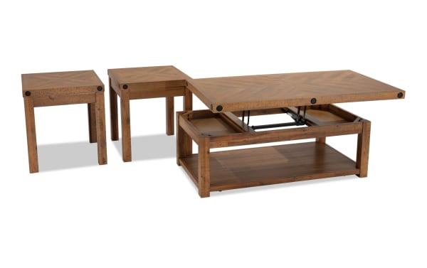 Rustic Sonoma Natural Lift-Top Storage Coffee Table and 2 End Tables set, acacia veneers, natural finish, black metal accents, with casters and lift-top for versatile living room use.