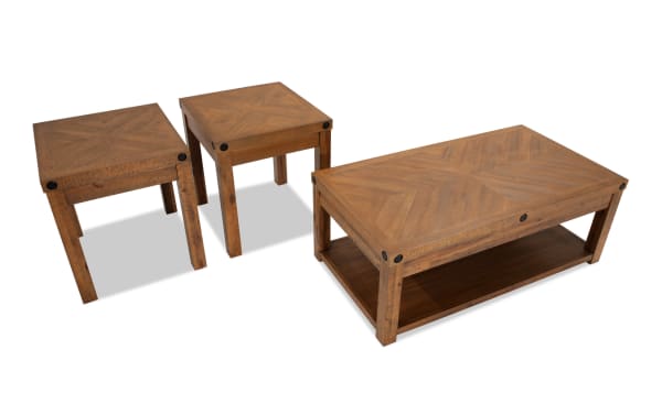 Rustic Sonoma Natural Lift-Top Storage Coffee Table and 2 End Tables set in acacia veneers with distressed wood, black metal accents, and natural finish.