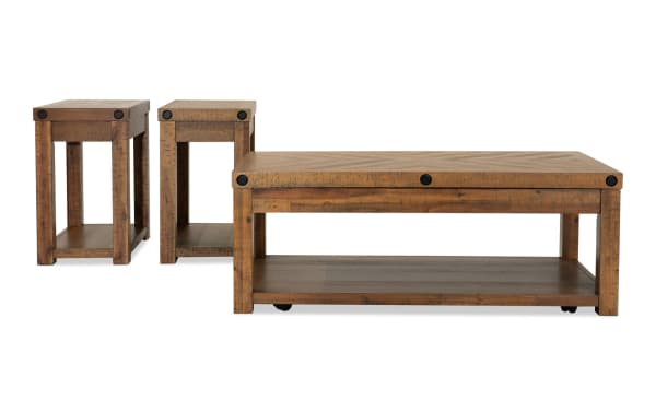 Rustic Sonoma Occasional Set with natural acacia veneer finish, featuring a lift-top storage coffee table on casters and two chairside tables with black metal accents.