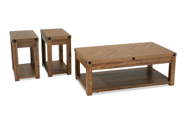 Rustic Sonoma Natural Lift-Top Storage Coffee Table and 2 Chairside Tables set in acacia veneers with distressed wood and black metal accents, featuring lift-top, casters, and USB/power outlets.