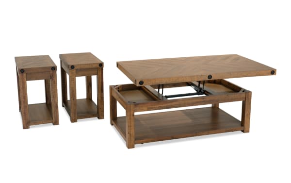 Rustic Sonoma Natural Lift-Top Storage Coffee Table and 2 Chairside Tables set in acacia veneers with distressed wood, black metal accents, and natural finish.