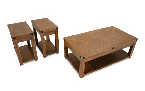 Rustic Sonoma Natural Lift-Top Storage Coffee Table and 2 Chairside Tables set in acacia veneers with distressed wood, black metal accents, and natural finish.