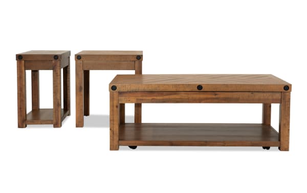 Rustic Sonoma Natural Lift-Top Storage Coffee Table with casters, plus matching end and chairside tables with power outlets, in acacia veneer.