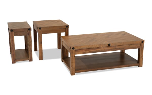 Rustic Sonoma Natural Lift-Top Storage Coffee Table with distressed acacia veneers, black metal accents, casters, plus matching end and chairside tables with USB ports.