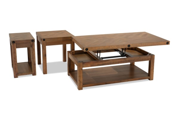 Rustic Sonoma Natural Lift-Top Storage Coffee Table with casters, acacia veneer finish, plus matching end and chairside tables with USB ports.