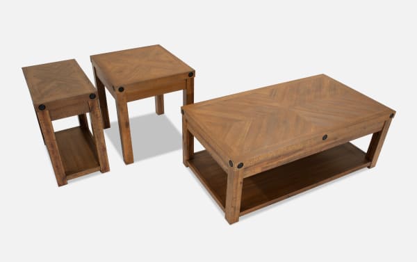 Rustic Sonoma Natural Lift-Top Storage Coffee Table Set with Acacia veneers, black metal accents, casters, power outlets, and USB ports.