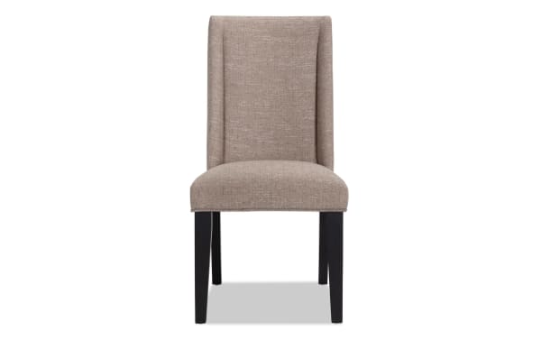 Beige Montana Black & Beige Solid Back Upholstered Dining Chair with black legs, rustic style, polyester fabric, and memory foam seat cushion.