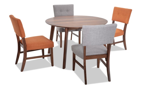 Bettie 5 Piece Walnut, Russet & Gray Upholstered Round Dining Set with mid-century modern rubberwood frame, walnut veneer table, and button-tufted polyester fabric chairs with memory foam seats.