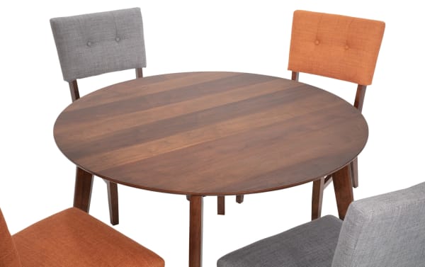 Mid-century modern Bettie 5 Piece Walnut, Russet & Gray Upholstered Round Dining Set with rubberwood legs, walnut veneer table, and button-tufted polyester fabric chairs.