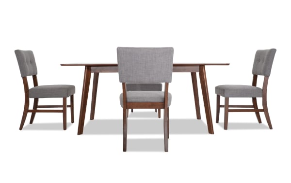 Bettie 5 Piece Walnut & Gray Upholstered Extendable Dining Set with mid-century modern rubberwood frame, gray polyester fabric, button tufted backs, flared legs, and removable 12" leaf for extra space.
