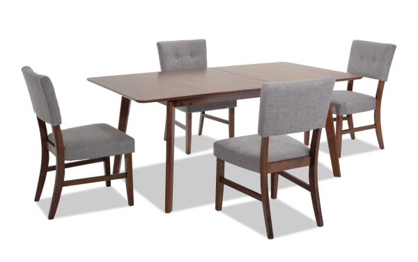 Bettie 5 Piece Walnut & Gray Upholstered Extendable Dining Set with mid-century modern style, gray polyester fabric, button tufting, and walnut veneer table.