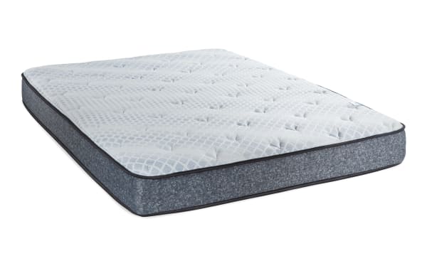 Charm 8.5'' Twin Plush Mattress with quilted knit cover, breathable white top, gray fabric sides, and plush hybrid coil support.