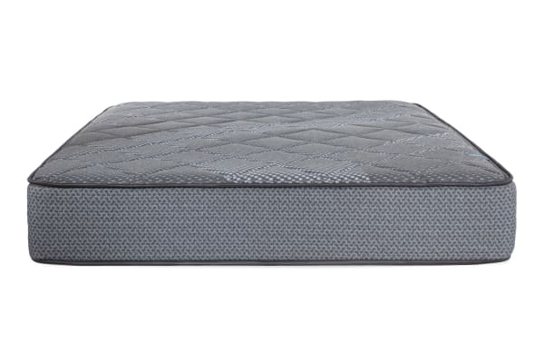 Synergy 10'' Queen Firm Boxed Mattress with gray quilted top, breathable foam layers, and supportive individually wrapped coils for firm comfort.