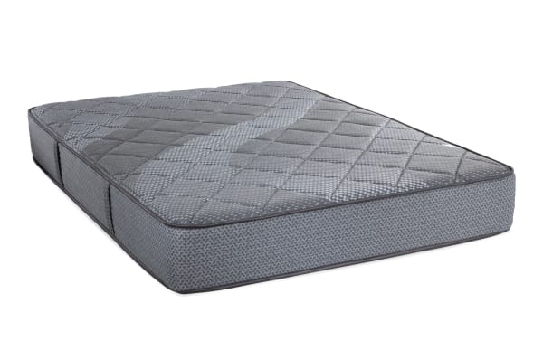 Synergy 10'' Queen Firm Boxed Mattress with gray quilted fabric, individually wrapped coils, and gel memory foam for firm support and temperature regulation.