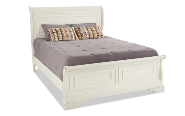Traditional Louie Louie White King Sleigh Bed with rectangular panel details, made of Asian hardwood solids, veneers, and MDF in a white finish.