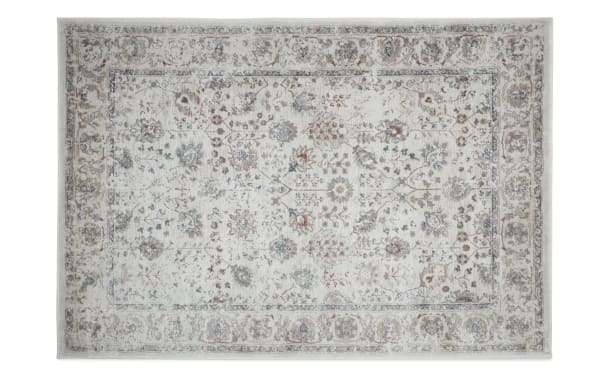 Emery 5' x 8' Multi Floral Rug in multicolored polypropylene fabric with soft polyester texture, featuring a vintage floral pattern inspired by sand and sea tones.