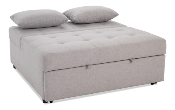 Chadwick Gray Futon in transitional style with gray polyester fabric upholstery, tufted seat, and built-in power, USB, and USB-C ports for versatile lounge and sleep use.