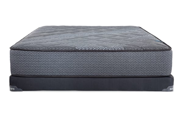 Synergy 10'' Queen Firm Low Profile Mattress Set by Bob-O-Pedic, featuring gray quilted top, breathable foam layers, and wrapped coil support for firm comfort.