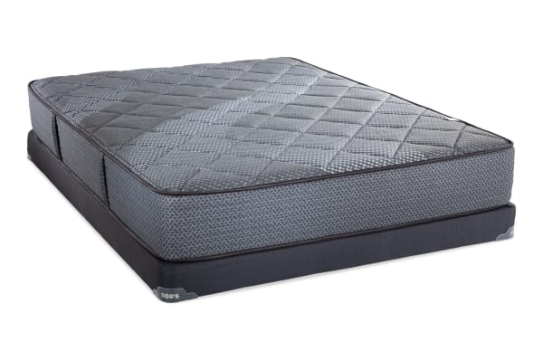Synergy 10'' Queen Firm Low Profile Mattress Set by Bob's, featuring gray quilted top, gel memory foam, and individually wrapped coil support.